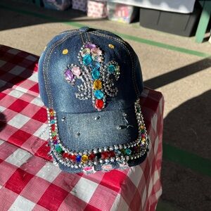 Embellished Denim Cap with Multicolor Rhinestones
